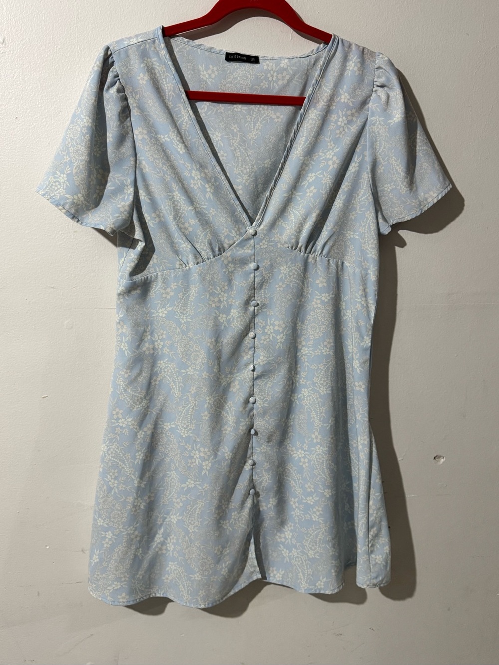 Cotton On Pale Blue Floral Button-Front V-Neck Mini Dress